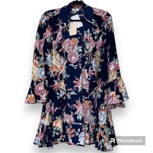 ENTRO womens size XL kimono blue floral workwear swimwear cover up bell sleeves